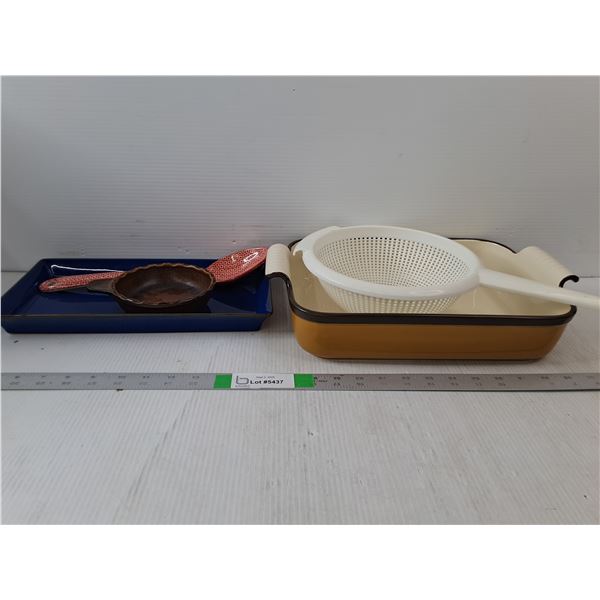 Ceramic 9 x 12 Baking Pan, Stoneware Blue Rectangle Plate, Patterned Spoon, Rubbermaid Strainer