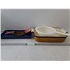 Image 1 : Ceramic 9 x 12 Baking Pan, Stoneware Blue Rectangle Plate, Patterned Spoon, Rubbermaid Strainer