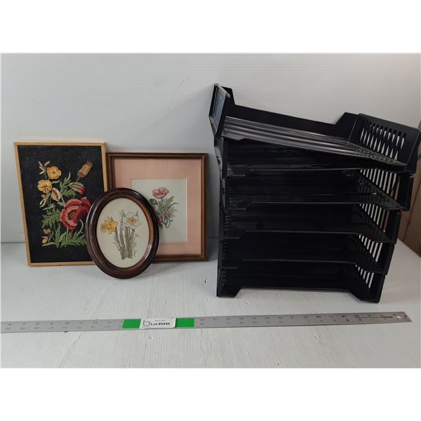 (3) Cross Stitch and Embroidery In Frames With Stacking Organizers And Storage Tote Folding Lid