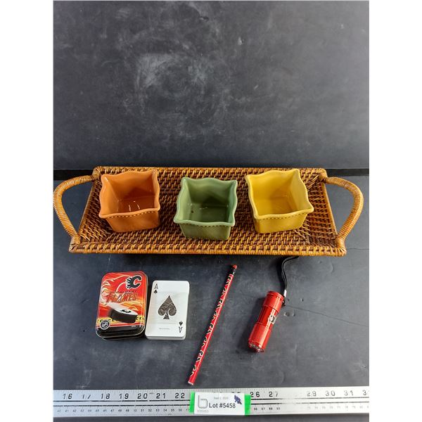 Calgary Flames Playing Cards, Pencils, Flashlight, Pavillion Planters - Chipped, Wicker Serving Tray