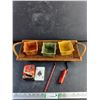 Image 1 : Calgary Flames Playing Cards, Pencils, Flashlight, Pavillion Planters - Chipped, Wicker Serving Tray