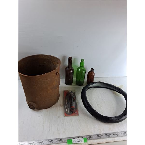 (3) Glass Bottles, Vintage Bucket, Steering Wheel Cover,Misc - As Is -  PICK UP
