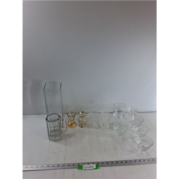 Glass Vase, Glass Beer Stein, (8) Glasses, Misc - As Is