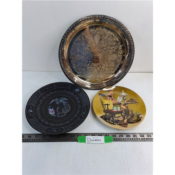 Knowles "Father's Day" Decorative Plate, Silver-Plated 25th Ann. Tray, Black/Iridescent Resin Dish
