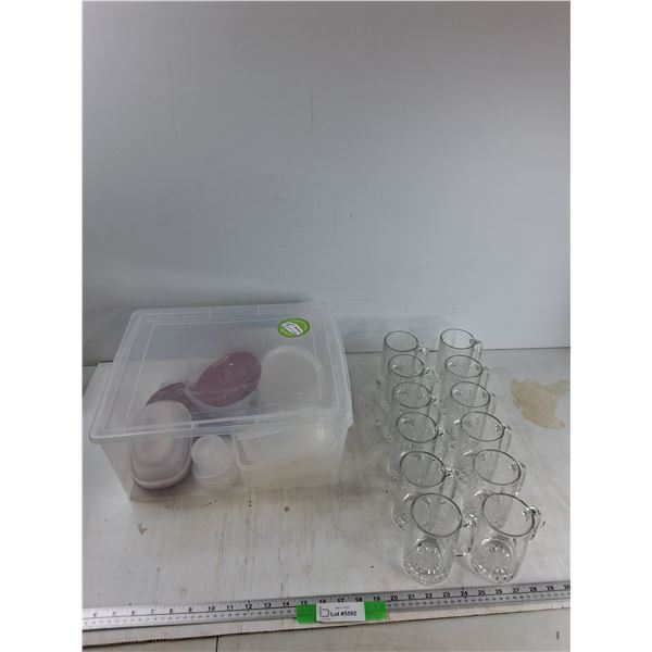 Assorted Plastic Containers, (12) Glass Cups  -  PICK UP