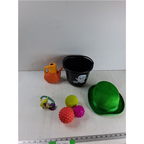Infants Rattle, (3) Balls, Halloween Bucket, Misc - As is