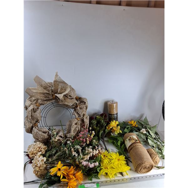 Assorted Burlap Ribbon And Garland, Assorted Fake Decorative Flowers, Wreath, Misc - As Is
