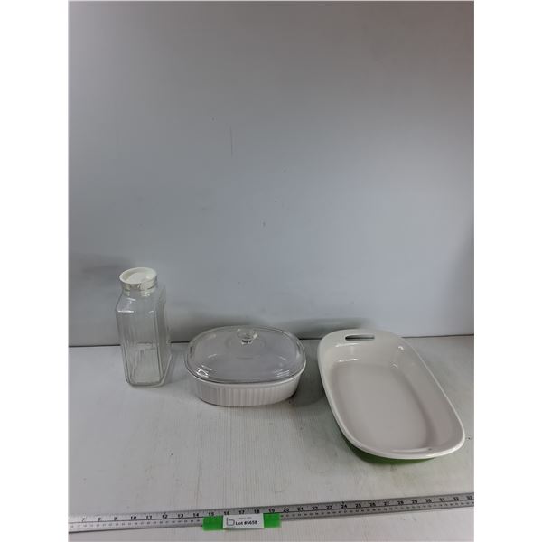 Glass Jug, (2) Casserole Dishes- As Is