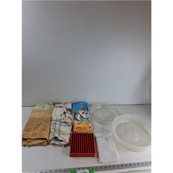 (7) Tablecloths, Dish Towels, Glass Bowl, Misc - As Is
