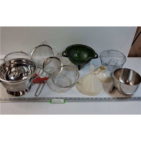 (7) Strainers, (2) Funnels, Mixing Bowl