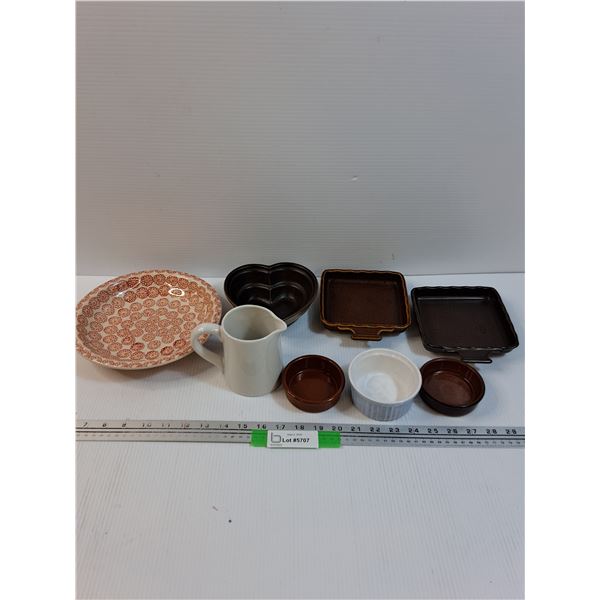 Kitchen Dishes Lot: Ramekins, Creamer, Serving Platters, Misc