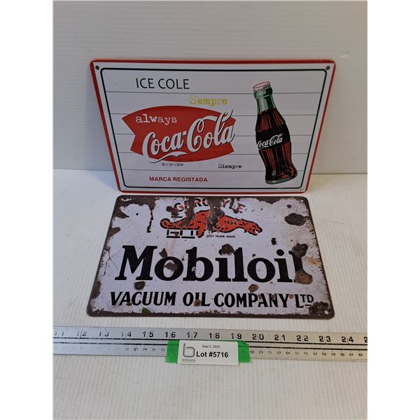 (2) Metal Wall Art (Mobiloil & Coca-Cola) - 12" x 8"
