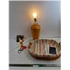 Image 1 : 20″ Wooden Lamp (Bulb Not Included), 19″ Wicker Basket, Misc