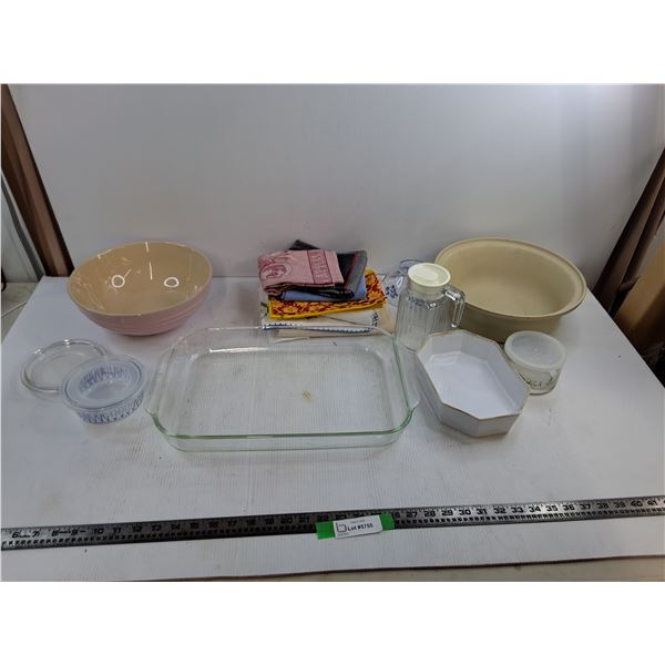 16″ Glass Cooking Tray, Various Kitchen Cloths, 10″ Pink Ceramic Le Creuset Bowl, 