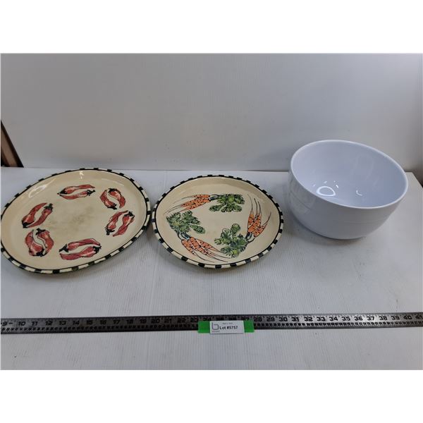 (2) Vegetable Design Plates up to 13″, Emile Henry 10″ White Ceramic Bowl