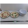 Image 1 : (2) Vegetable Design Plates up to 13″, Emile Henry 10″ White Ceramic Bowl