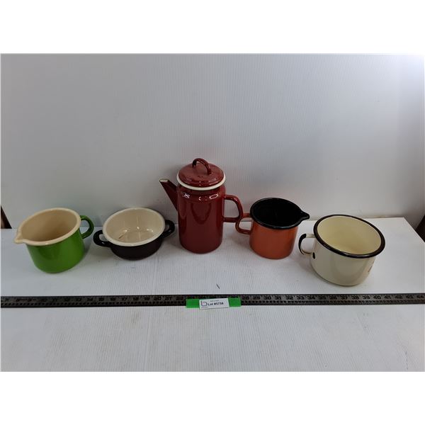 (4) Various Enamel Ware, 9″ Tall Ceramic Kettle