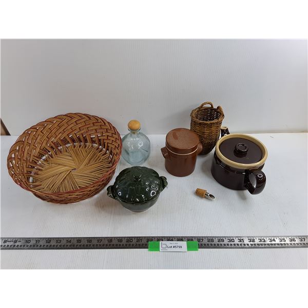 12″ Wicker Basket, Staub 4″ Green Pot, 6″ Ceramic Kettle, Misc