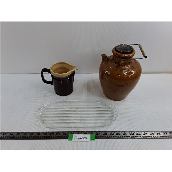 12″ Glass Metal Tray, 6″ Ceramic Pitcher, 10″ Bottle With Lid
