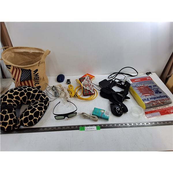 Travel Pillow, Cloth Bin, Cords, Misc