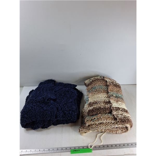 (2) Afghan Blankets (Navy 56x58", Beige/Cream 72x40")