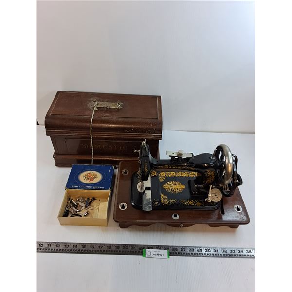Vintage Domestic Sewing Machine in Wooden Carry Case - 17x10x11", Misc. Parts - Pickup Only