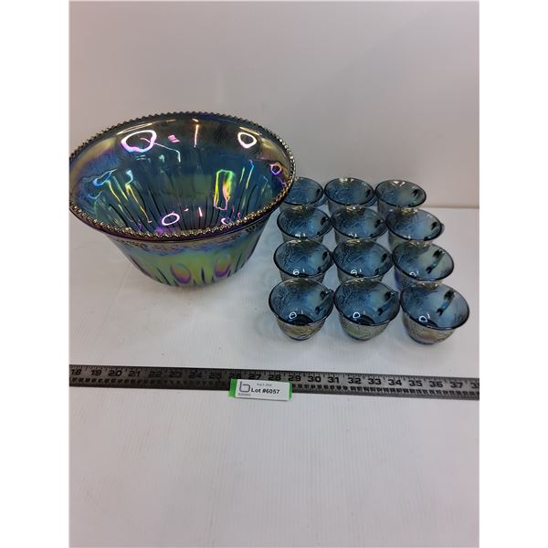 Iridescent Glass Punch Bowl with 12 Cups - 12" Dia - Some Chips - Pickup Preferred