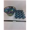Image 1 : Iridescent Glass Punch Bowl with 12 Cups - 12" Dia - Some Chips - Pickup Preferred