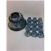 Image 2 : Iridescent Glass Punch Bowl with 12 Cups - 12" Dia - Some Chips - Pickup Preferred