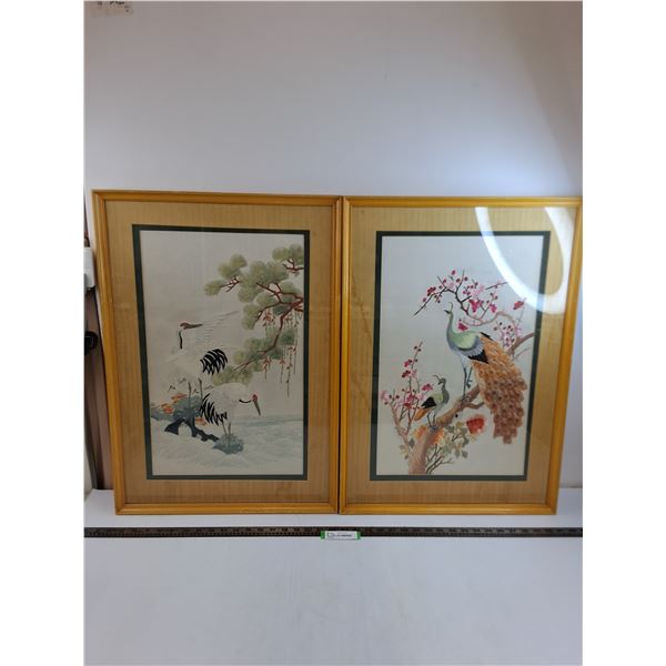 Pair of Wood Framed "Asian Themed" Tapestry Wall Art - 27" x 19" Each - Pickup Only