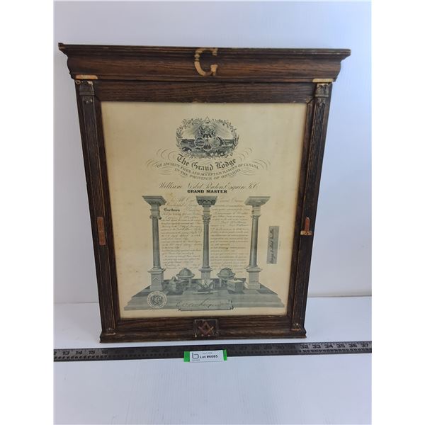 Antique Wood Framed "Free Mason Diploma" - 17" x 22" - Pickup Preferred