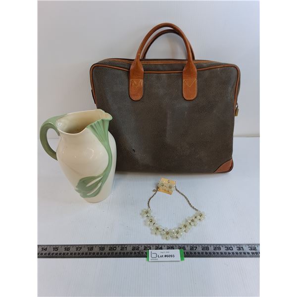 Brics Italian Travel Bag, Ceramic Water Pitcher, Vintage "White Flowers" Necklace & Earrings Set