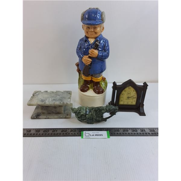 Vintage Table Decor (Porcelain Hunter, Wind-up Clock, Jade Horse - Broken Legs, Stone Altar)
