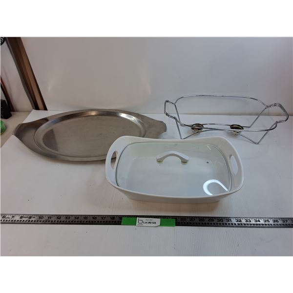 Ceramic 16"x11" Chafing Dish With Lid And Metal Stand