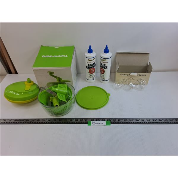 (2) Instant Stain Remover Brand New, Tupperware slicer, (3) Foating Oil Lamps CANNOT SHIP