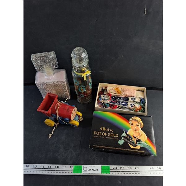 (2) Glass Liquor Decanters, Train Toy, Various Thread and Moirs Pot of Gold Box