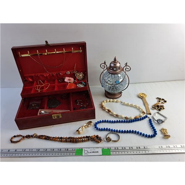 Ladies Watches, Necklaces, Shirt Pins, Red Jewelry Box and Candle Lantern