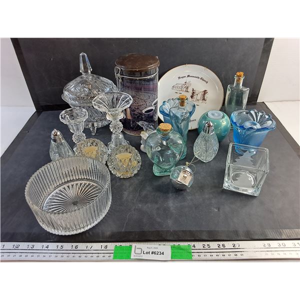 Crystal Lidded Candy Dish, Glass Candle Holders, Salt & Pepper Shakers and Misc