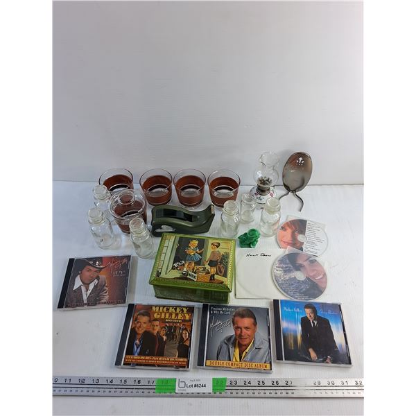 Rexall Bottles, Glass Cups, Kerosene Lamp, Tape Holder and Various Audio CDs