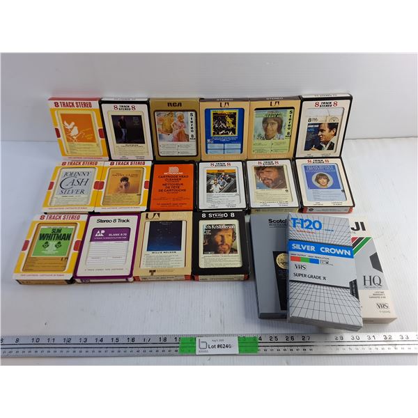 Various 8 Track Stereo Tape Cartridges - John Denver, Johnny Cash and Willie Nelson and (3) VHS Tape