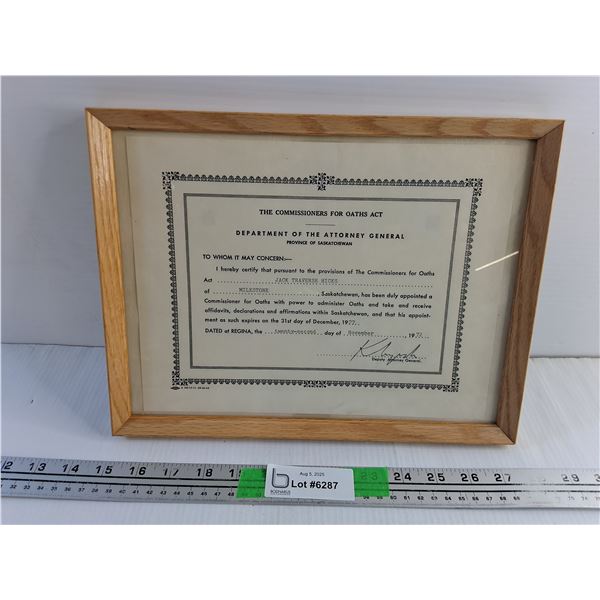 Framed The Commissioner for Oaths Act Signed Certificate 13" x 10"