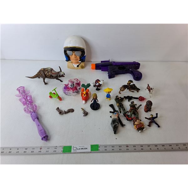 Children's Toy Lot- Soldier Figurines, Foam Blaster, Micro Machine Head, Misc.