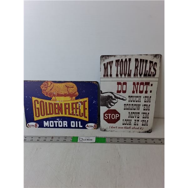 (2) Metal Signs- Tool Rules & Golden Fleece Motor Oil 12" x 8"