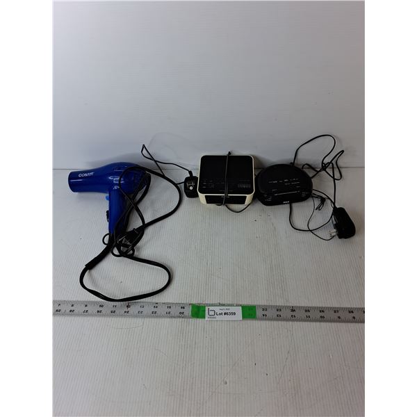 (2) Alarm Clocks RCA, Philips, Conair Hair Dryer All Powers On