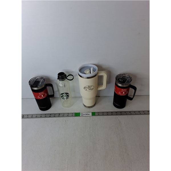 (4) Travel Mugs/Water Bottles Starbucks Tim Hortons Bass Pro Shops