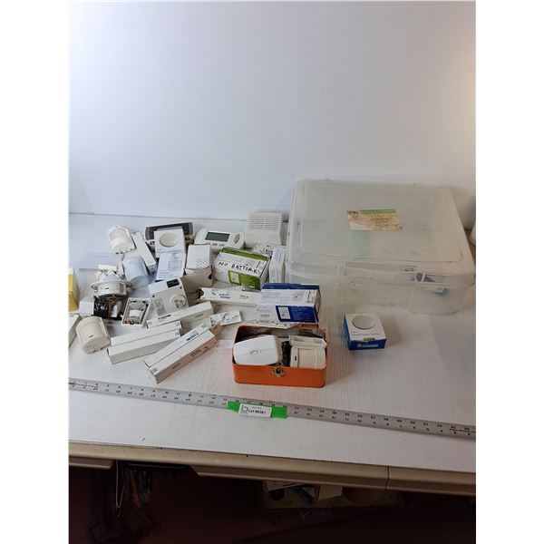 (3) Carbon Monoxide Detectors, pet Motion Detector, Thermostats, Various Sensors, Plastic Toat