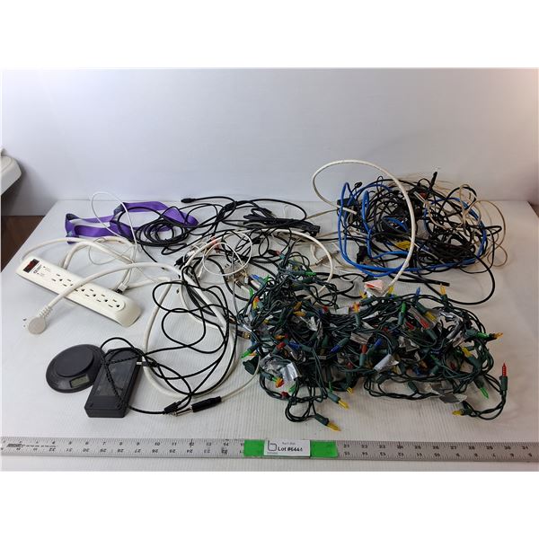 Cord Lot- Power Bar & Christmas Lights- Both Working, Micro USB, Misc.