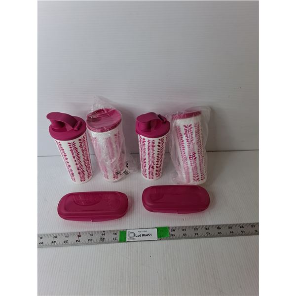 (4) Tupperware Plastic Travel Mugs 7.5" Tall & (2) Snack Keepers