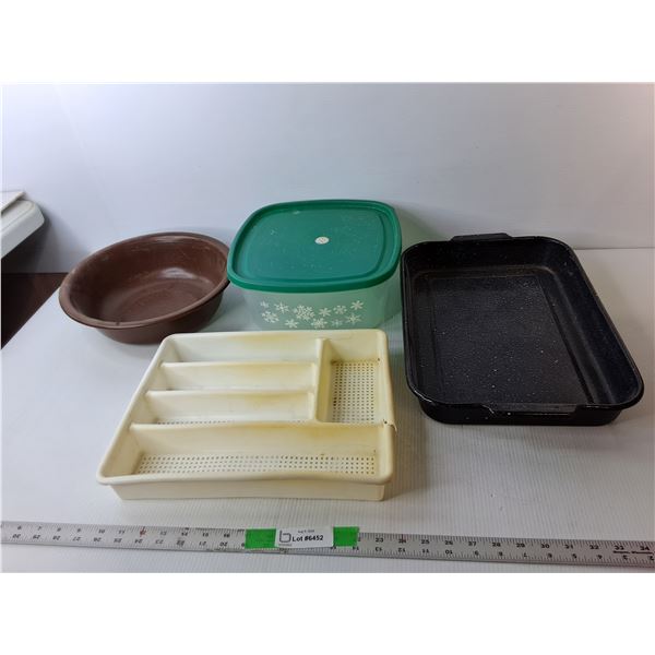 Dish Lot- Baking Pan 18" x 12", Cutlery Sorting Tray, Plastic Bowl & Container with Lid