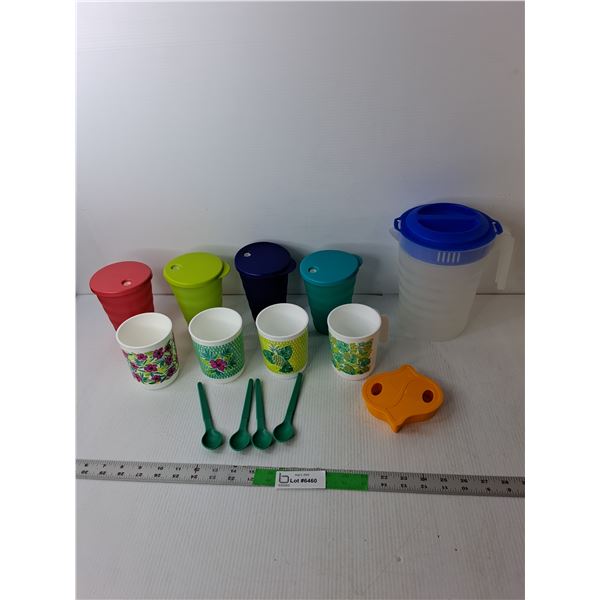 Plastic Dish Lot- Pitcher, (4) Tupperware Cups & (4) Mugs, Misc.